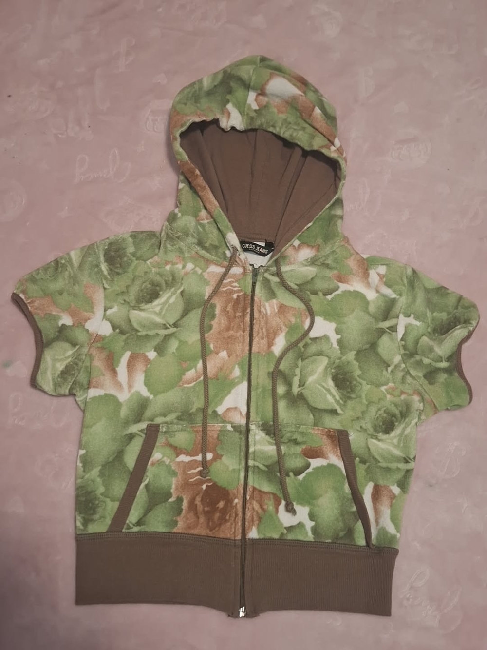Guess Green Floral Crop Hooded Zip-Up
